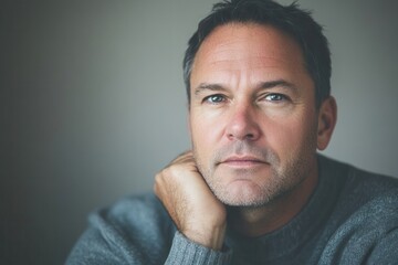 Aufkleber - A man rests his chin on his hand, exuding seriousness and contemplation in a calm indoor atmosphere with gentle lighting. Generative AI