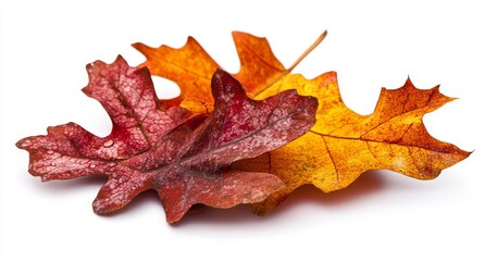 Wall Mural - On a white background, fallen oak leaves and maple leaves are isolated