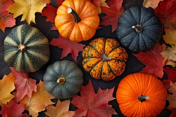 Wall Mural - Various kinds of pumpkins on colorful leaves. Autumn halloween scenery on a park bench. Landscape wallpaper. Thanksgiving, Halloween, and Thanksgiving scenes.