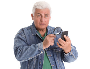 Wall Mural - Shocked senior man with mobile phone and magnifier on white background