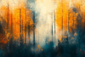 Wall Mural - Animated illustration of a colorful autumn forest with a yellow and red leaf on a tree. This watercolor painting is ideal for use as a wallpaper background.