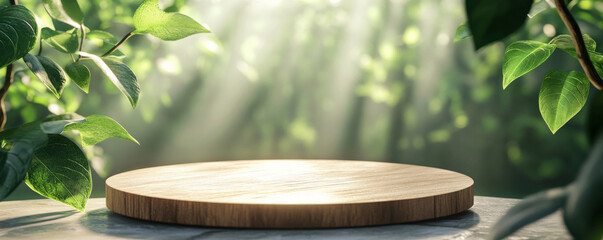 Wall Mural - A wooden podium with a warm, natural tone, standing on a polished stone floor with a nature-inspired background of green leaves and sunlight.