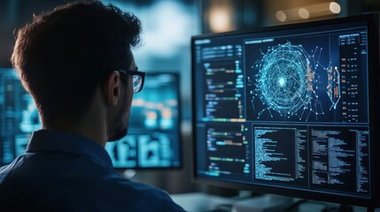 Cybersecurity Specialist Analyzing Data on Computer Screen