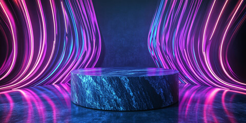 Wall Mural - A polished granite stone podium with a dark, glossy surface, set against a dramatic, futuristic background with glowing neon lines and abstract patterns.