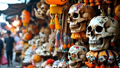 Sticker - Lively market filled with colorful sugar skulls, papel picado banners, and festive decorations celebrating the vibrant spirit of the Ghost Festival