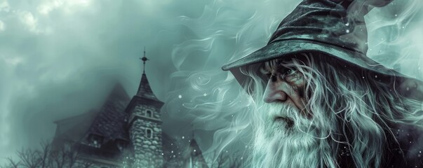 Wall Mural - old wizard in the fog.