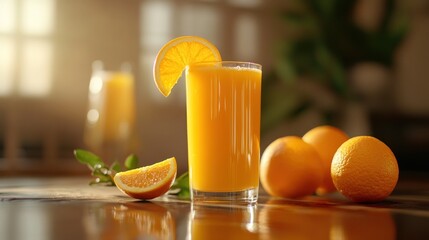 Wall Mural - Glass of Orange Juice with Fresh Oranges