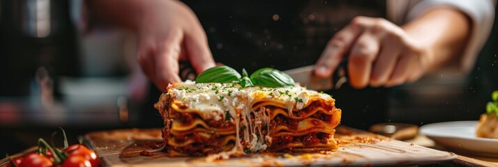 Wall Mural - Female hands slicing a freshly baked lasagna on a dining table, showcasing a culinary lifestyle.