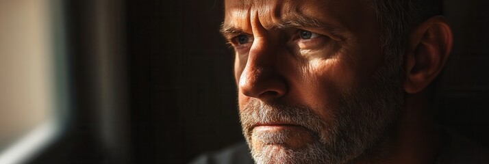 Aufkleber - A man with a serious expression stares thoughtfully out of a window, reflecting on his thoughts during the golden hour. Generative AI