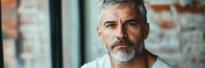 Aufkleber - A man with a serious expression gazes thoughtfully while sitting indoors, contemplating his life in a cozy environment. Generative AI