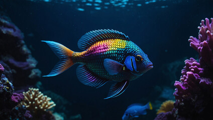 a deep sea background where a magic rainbow fish