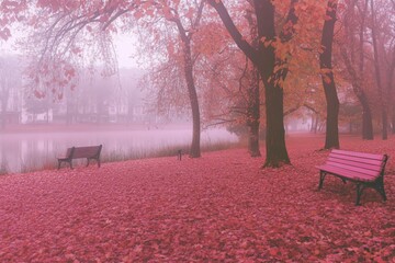 Wall Mural - Fall landscape, empty bench in autumn park, generated by AI