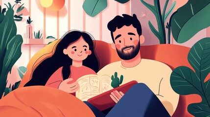 Sticker - A man and a woman are reading together on the couch, AI