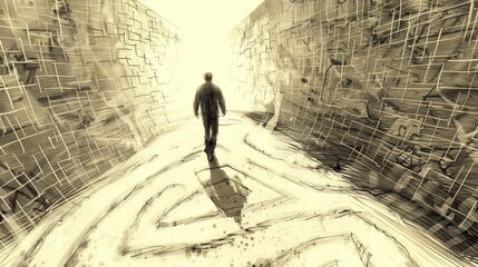 Homeless. A man walks through a maze of buildings. The man is wearing a black jacket and he is looking up at the ceiling. The image has a sense of mystery and confusion, as the man seems