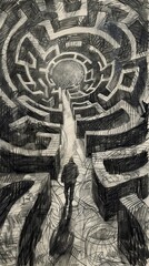 Homeless. A man walks through a maze of buildings. The man is wearing a black jacket and he is looking up at the ceiling. The image has a sense of mystery and confusion, as the man seems