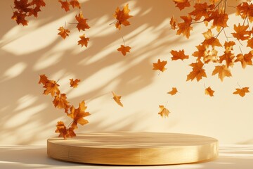 generative ai for two wood podium displays. Natural nude and beige banner backdrops with branch shadows. Product promotion, beauty cosmetics, nature dry autumn leaves.