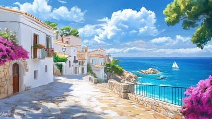 Wall Mural - A painting of a view down the street with flowers and blue water, AI