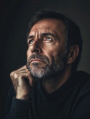 Aufkleber - A man with a beard gazes upward, deep in thought, contemplating various aspects of life in a dimly lit space. Generative AI