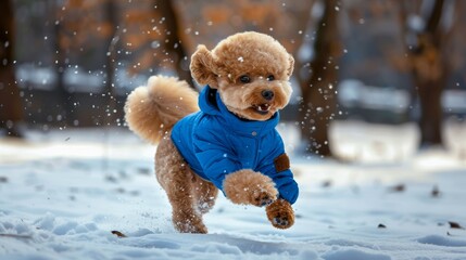 Wall Mural - A small dog is running in the snow wearing a blue jacket