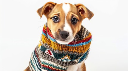 Wall Mural - A small brown and white dog is wearing a sweater with a pattern of squares