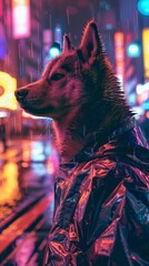 Wall Mural - A dog is standing in the snow with a jacket on. The city in the A dog is standing in front of a neon sign with Chinese characters on it. The dog is wearing a coat and he is looking up at the sign. 