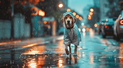 A dog is walking in the rain wearing a raincoat