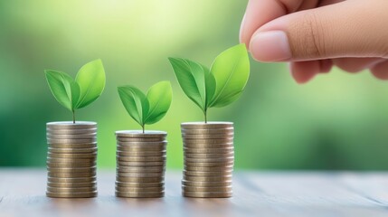 Canvas Print - A hand is placing a leaf on top of stacks of coins, AI