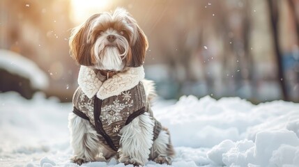 Wall Mural - A small dog is wearing a brown coat and standing in the snow. The dog has a cute and playful expression on its face