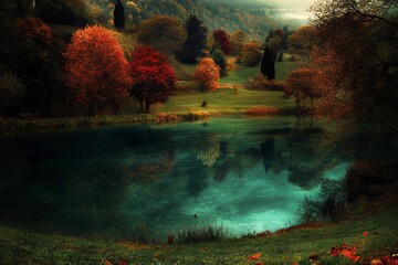 Wall Mural - An autumn-time beech fir forest reflected perfectly in the water of a lake in Selva de Irati, Navarra, Spain