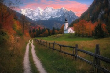 Beautiful autumn sunrise with Maria Gern Church and Watzmann mountain in the Bavarian Alps.