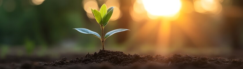 Wall Mural - Young green seedling growing in soil with sunlight in the background, symbolizing new beginnings, growth, and nature's beauty.