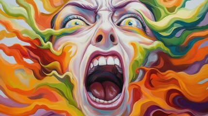  A painting of a woman with her mouth open and hair blowing in the wind, AI