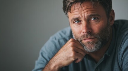 A man appears serious and reflective, resting his chin on his hand with a contemplative expression in a cozy indoor setting. Generative AI