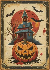 halloween background with pumpkin Retro, poster, vintage style