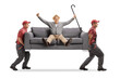 © Ljupco Smokovski - Movers carrying a sofa with a happy pensioner