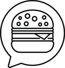 Wall Mural - Simple black and white vector illustration of a cheeseburger inside a speech bubble representing talking about food