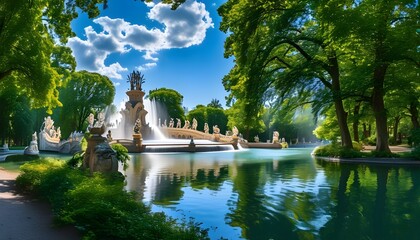 Wall Mural - Beautiful park landscape, magnificent fountains and sculptures shine in the sun, surrounded by lush trees and blue sky.