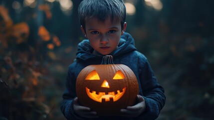 Wall Mural - Boy holding a jack-o-lantern halloween pumpkin