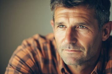 Aufkleber - The man appears introspective and serious, contemplating life and its complexities while seated in a calm environment. Generative AI