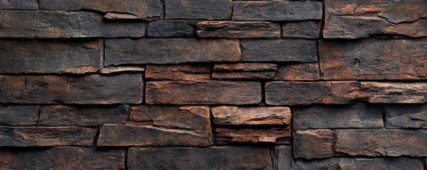 Wall Mural - A close-up of a weathered, dark brown brick wall with rough textures and chipped surfaces, set in a rustic, outdoor setting.