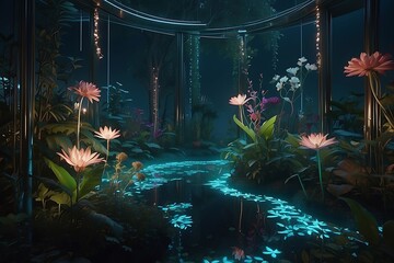 Digital rendering of botanical garden bioluminescent flowers, neon glowing lake and greenery. Futuristic garden and greenhouse design 