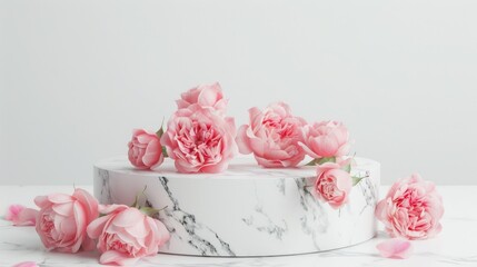 Poster - Marble podium with pink roses on white background for showcasing body care products.