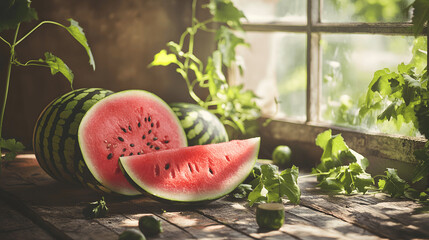 Watermelon sliced on a rustic wooden table in a summer garden