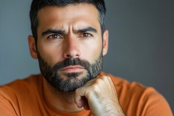 Aufkleber - A man sits thoughtfully with a serious expression, his hand resting on his chin, reflecting on his thoughts in a calm setting. Generative AI