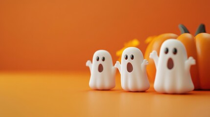 Halloween ghosts with funny pumpkin on orange background Happy halloween holiday concept