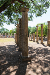 Ancient columns in the archaeological site of Olympia, Greece