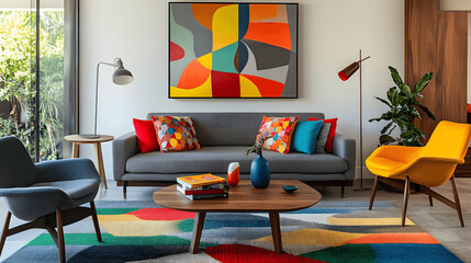 Mid-century modern living room with multicolored furniture and gray sofa