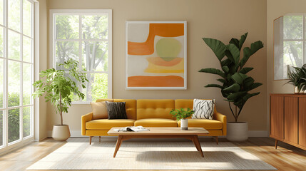 Mid-century living room with mustard yellow sofa and retro coffee table