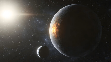 Wall Mural - distant exoplanet with glowing atmosphere and moons in space