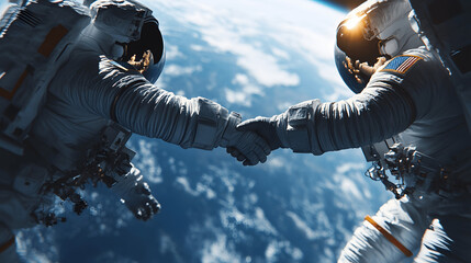 Two astronauts touching hands in space with Earth in the distance